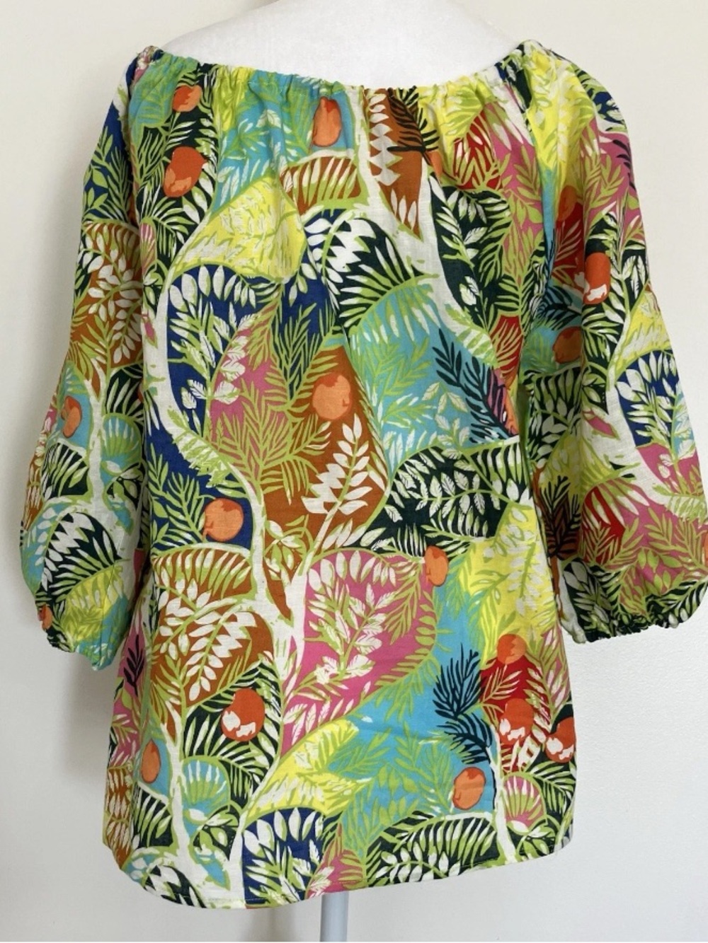 Linen Blend Hester & Orchard Colorful Tropical Blouse Lar Beach Breathable - Picture 2 of 6